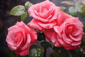 ai généré le enchanteur beauté de après le pluie rose des roses photo