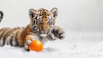 ai généré souriant tigre lionceau, une espiègle tigre lionceau avec Orange et noir rayures, Contexte image, génératif ai photo