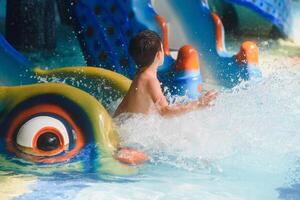 garçon ayant amusement dans aqua parc photo