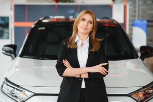 Jeune magnifique femme montrant sa l'amour à une voiture dans une voiture salle d'exposition. photo