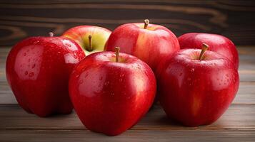 ai généré groupe de rouge pommes sur en bois table photo