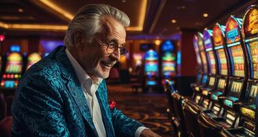ai généré personnes âgées jeux d'argent homme en jouant casino fente machine de bonne humeur photo