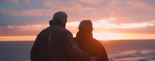 ai généré personnes âgées couple à le coucher du soleil plage. concept de Sénior l'amour. photo