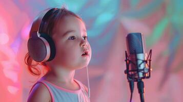 ai généré une blanc peu fille portant casque de musique tandis que en chantant dans de face de microphone contre coloré pastel arrière-plan, Contexte image, génératif ai photo