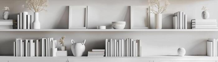 ai généré moderne minimaliste étagère à livres contre une blanc arrière-plan, orné avec une organisé sélection de livres et décoratif objets, génératif ai photo