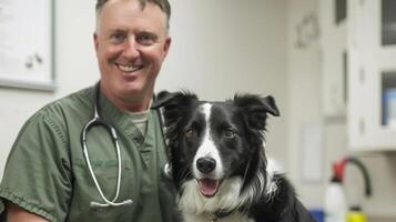 ai généré portrait de une Masculin vétérinaire avec une chien dans une vétérinaire clinique contre blanc arrière-plan, génératif ai photo