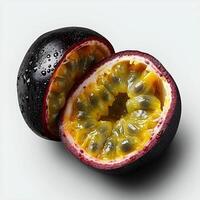 ai généré passion fruit isolé sur blanc Contexte avec ombre. violet passion fruit Haut voir. passion fruit plat poser. tropical fruit passion fruit photo