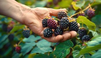 ai généré main cueillette mûres de de une la mûre arbuste. la mûre cueillette saison. la personne cueillette mûr mûres. la mûre récolte. la mûre fruit photo