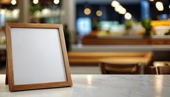 ai généré fermer de une menu Cadre maquette avec nourriture et les boissons dans le arrière-plan., avec une flou ou bokeh Contexte. photo