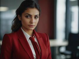 ai généré affaires femme dans rouge costume photo