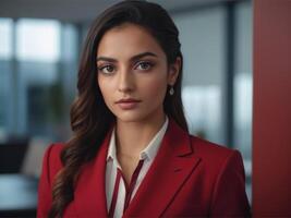 ai généré affaires femme dans rouge costume photo