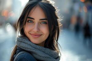 ai généré portrait de un attrayant brunette femme dans une écharpe sur le ville rue photo