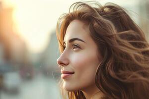 ai généré portrait de un attrayant brunette femme sur une lumière du jour ville rue photo