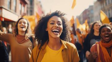 ai généré une groupe de femmes dans une rue Mars avec panneaux photo