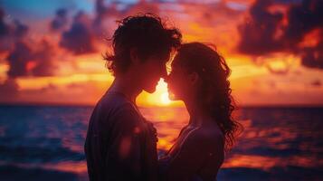 ai généré une couple embrassement contre une toile de fond de une vif coucher de soleil, avec le ciel peint photo