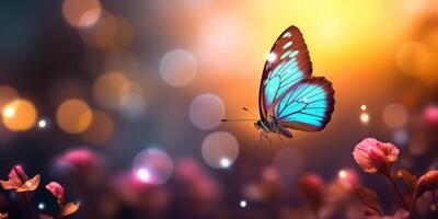 ai généré papillon dans fleur avec Contexte de bokeh lumière dans soir le coucher du soleil photo