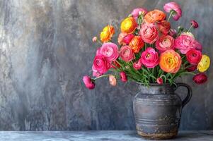 ai généré vase rempli avec rose, orange, et Jaune fleurs renoncule est assis sur table contre gris béton Contexte. doux sélectif concentrer photo