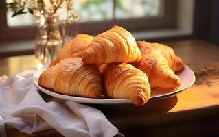 ai généré délicieux français des croissants fait maison boulangerie. photo