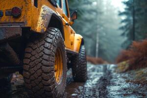 ai généré une Jaune jeep conduite vers le bas une boueux route photo