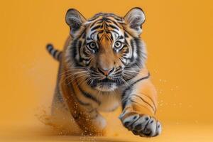 ai généré une tigre fonctionnement sur un Orange Contexte photo