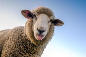 ai généré une mouton avec ses langue collage en dehors dans de face de une bleu ciel photo