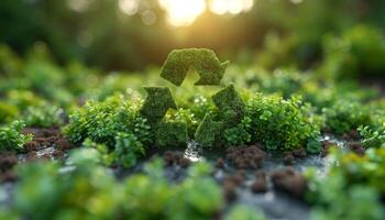 ai généré une mousse texturé recyclage symbole a a émergé dans une Naturel paysage photo