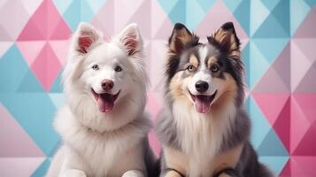ai généré pattes et motifs. adorable duveteux chiens contre une minimaliste toile de fond photo