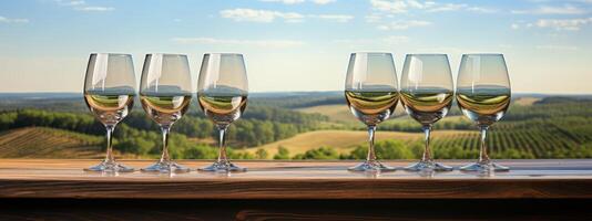 ai généré du vin des lunettes sur en bois table dans paysage photo