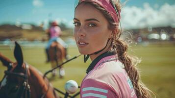 ai généré Jeune fille équitation cheval avec casque photo