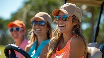 ai généré groupe de femmes équitation sur Haut de une le golf Chariot photo