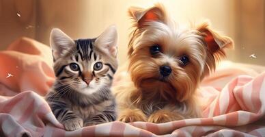 ai généré Yorkshire terrier et chaton sur couverture tandis que à la recherche en haut à le caméra photo