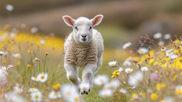 ai généré mouton fonctionnement par champ de fleurs sauvages photo