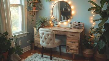 ai généré moderne chambre avec lit, bureau, miroir, et mis en pot les plantes photo