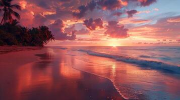 ai généré le coucher du soleil sur une tropical plage avec paume des arbres photo