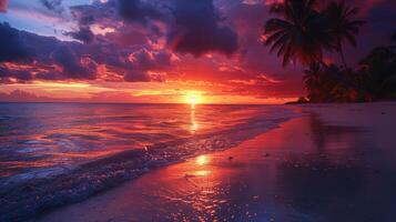 ai généré le coucher du soleil sur une tropical plage avec paume des arbres photo