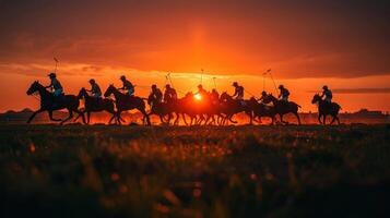 ai généré groupe de gens équitation sur les chevaux photo