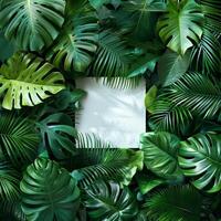 ai généré blanc papier entouré par vert feuilles photo