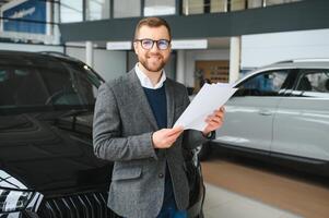 portrait de une Beau vendeur dans le costume permanent près le voiture dans le salle d'exposition photo