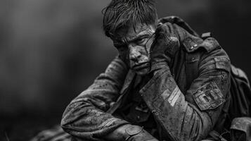 ai généré soldat dans noir et blanc photo