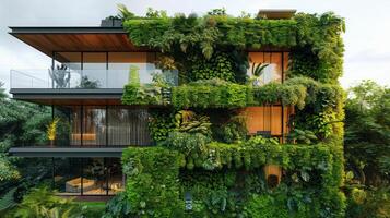 ai généré imposant bâtiment couvert dans luxuriant vert les plantes photo