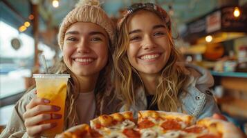 ai généré homme et femme séance à table avec Pizza photo