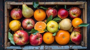 ai généré Caisse rempli avec assorti Frais des fruits photo