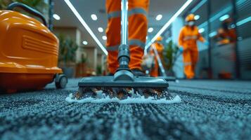 ai généré la personne dans Orange costume nettoyage tapis avec vide photo