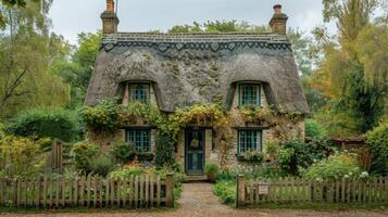 ai généré maison avec chaume toit entouré par verdure photo