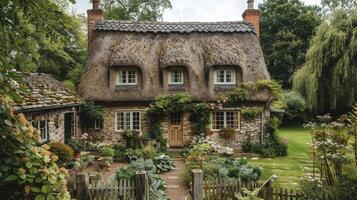 ai généré maison avec chaume toit entouré par verdure photo