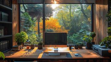 ai généré bureau avec ordinateur dans de face de fenêtre photo