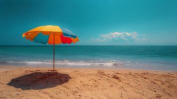 ai généré coloré parapluie sur sablonneux plage photo