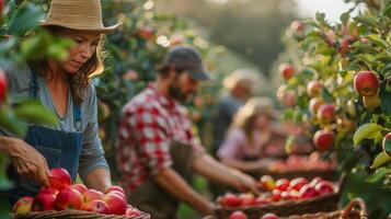 ai généré homme et femme cueillette pommes de arbre photo