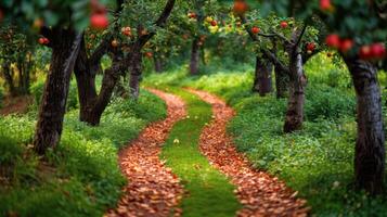 ai généré saleté route parmi des arbres et des oranges photo