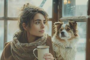 ai généré une femme en portant une tasse de café et chien photo